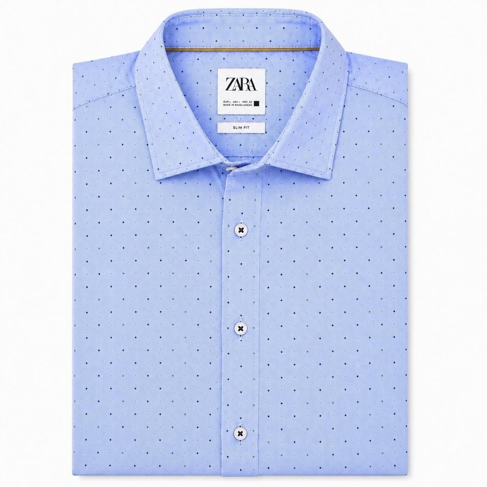 Zara Mens Slim Fit Button Front Shirt Light Blue Navy Green Polka Dot Size L